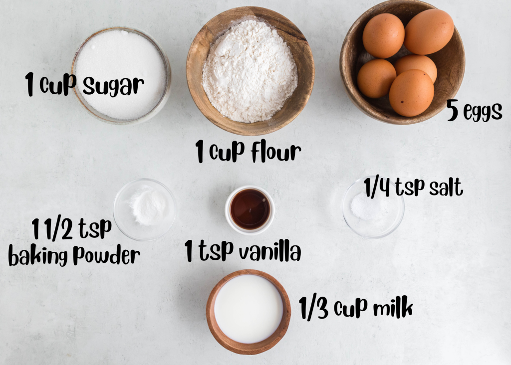 ingredients for tres leches all in the ssmall containers or bowls: eggs, flour, milk, vanilla, baking powder,salt