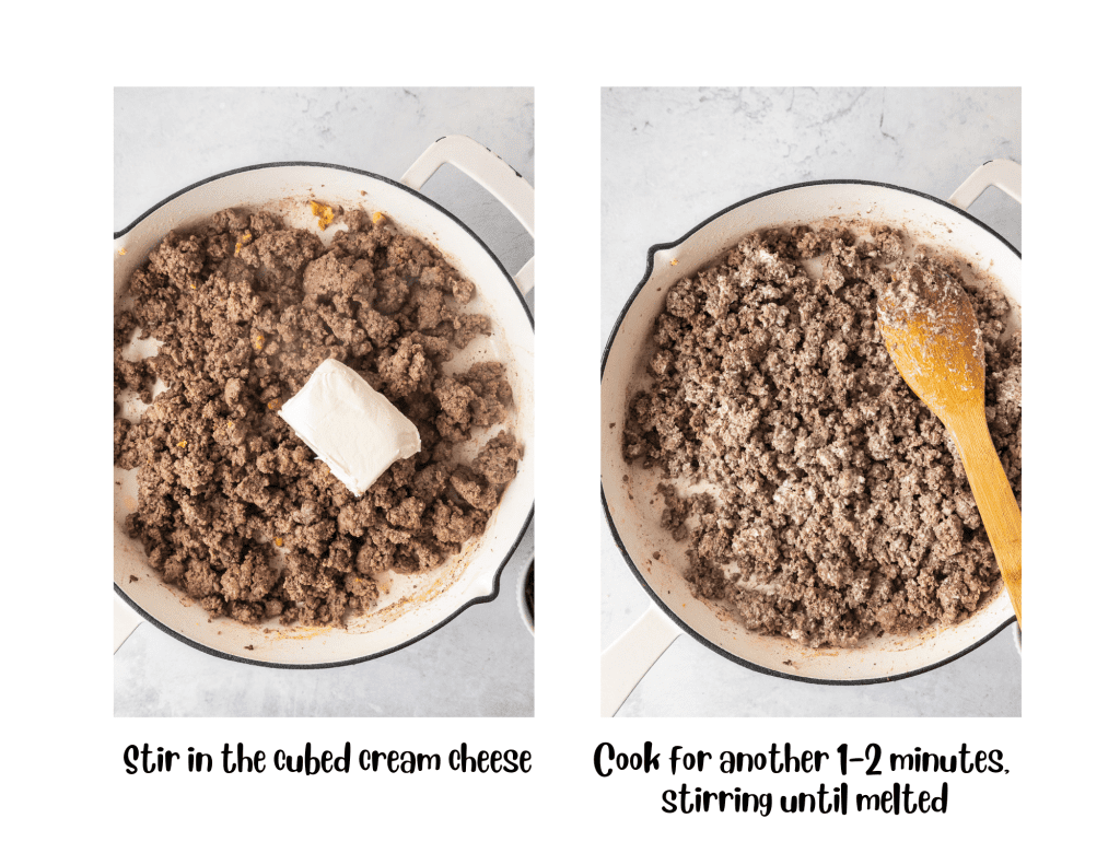 2 pictures of adding cream cheese to ground beef