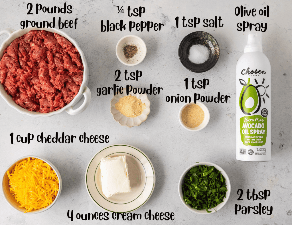 ingredients for beef casserole - ground beef, blask pepper, salt, olive oil spray, garlic powder, onion powder, cheddar cheese, cream cheese, parsley