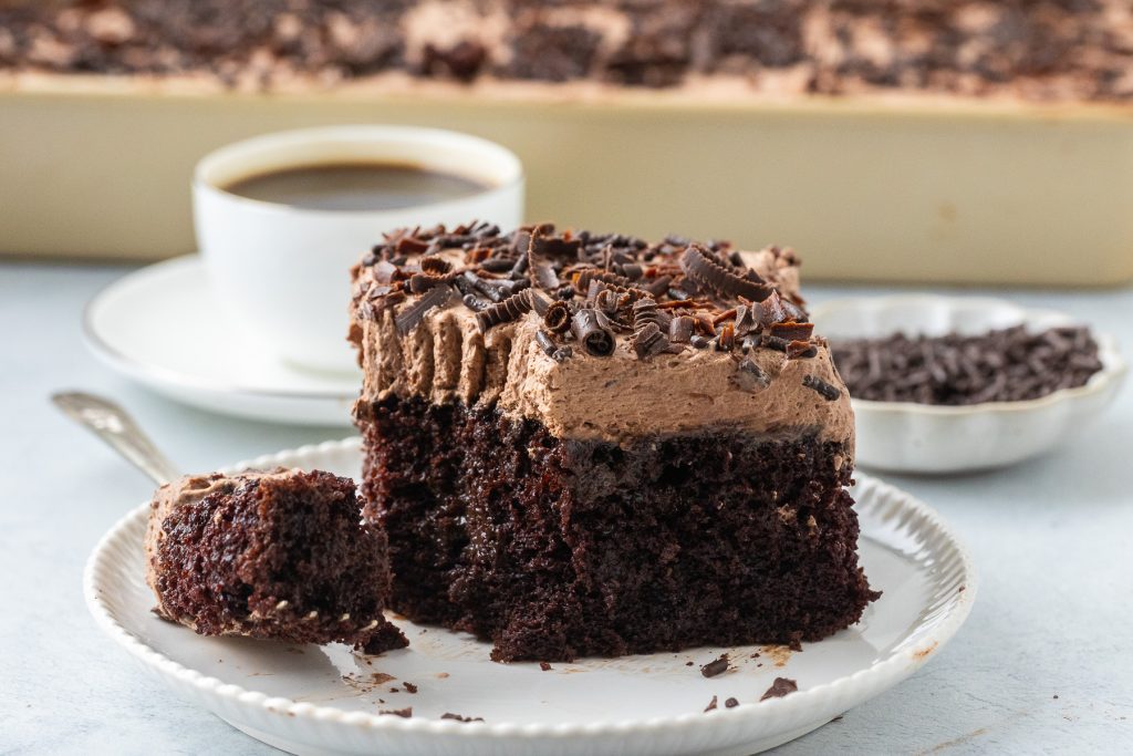 piece of cake on the plate with cup of coffee behind
