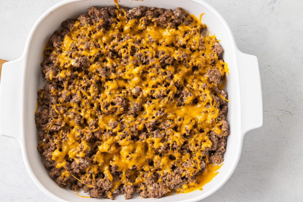 beef casserole with melted cheese on the top