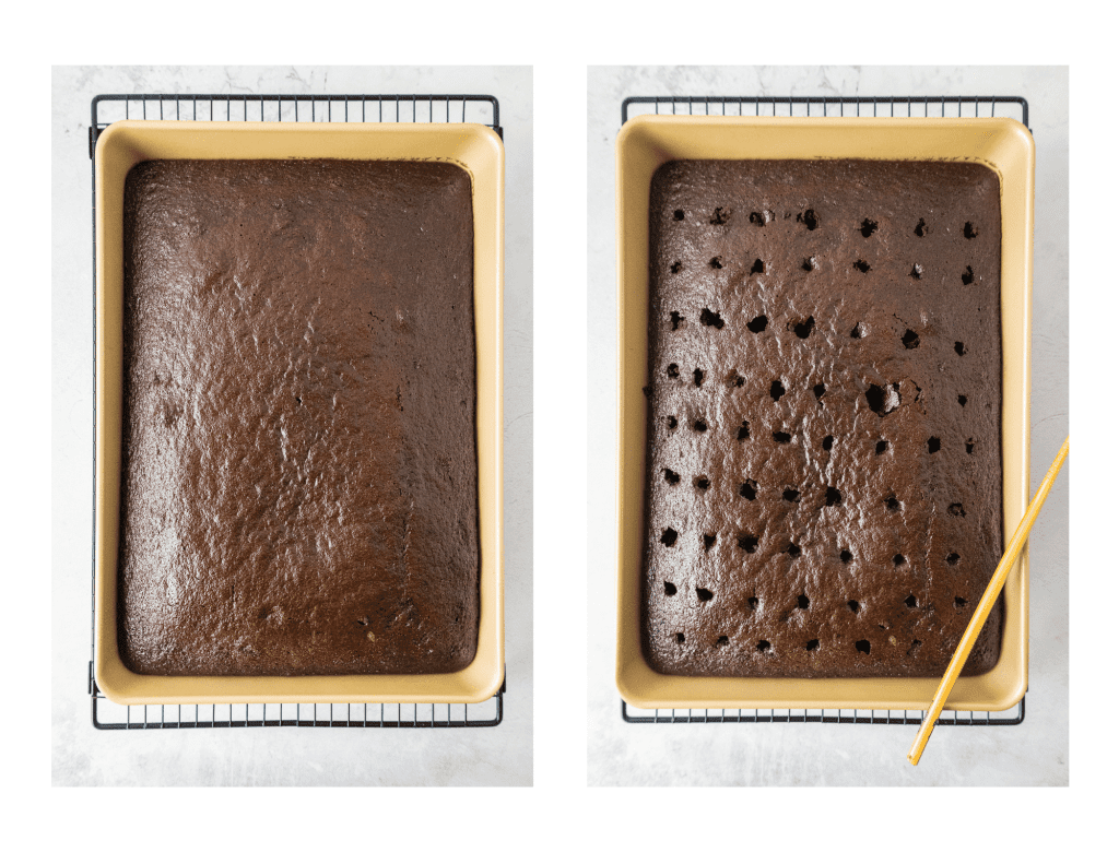 2 pictures of poking cake with a stick