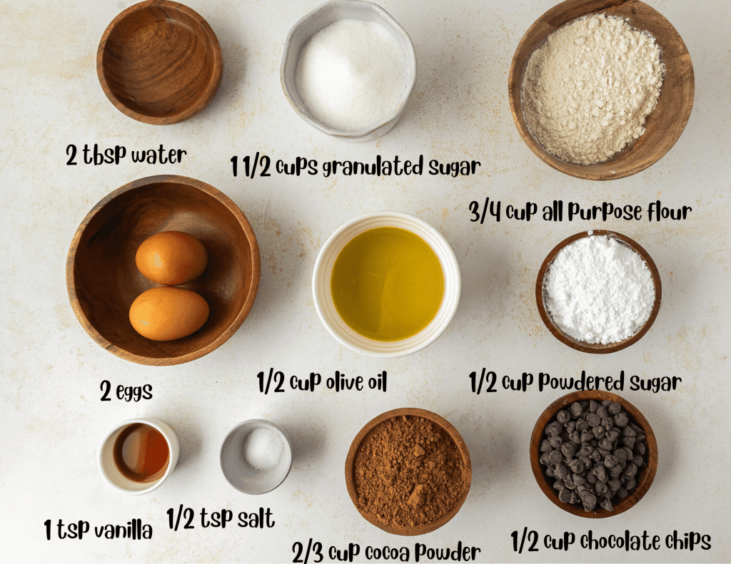 Ingredients for brownies: water, granulated sugar, all purpose flour, eggs, olive oil., powdered sugar, cocoa powder, chocolate chips, salt, vanilla 