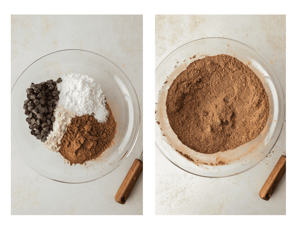 whisk the ingredients sugar, cocoa, chocolate chips and flour