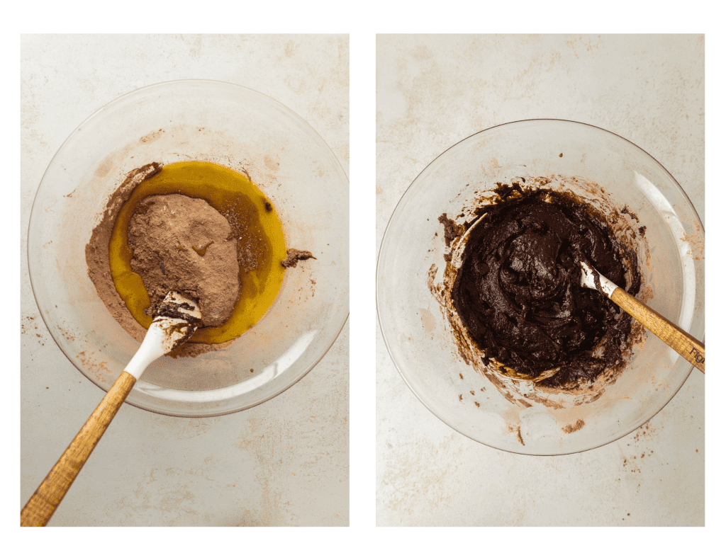 mixing dry and wet ingredients for brownies