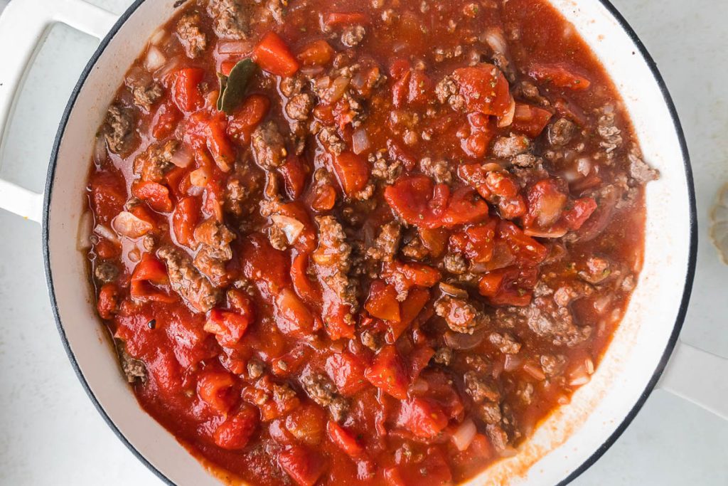 Italian Pasta simmering in the frying pan.
