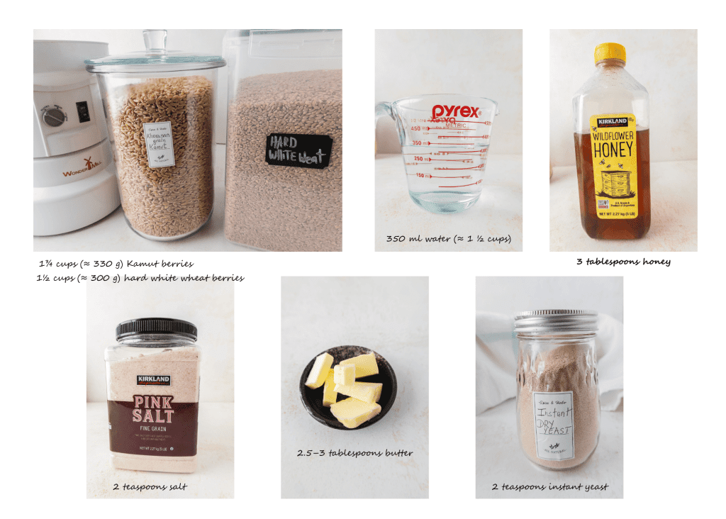 Ingredients for kamut and hard white grain bread