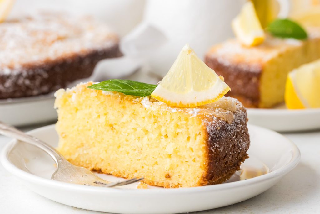 piece of lemon olive oil cake on the plate