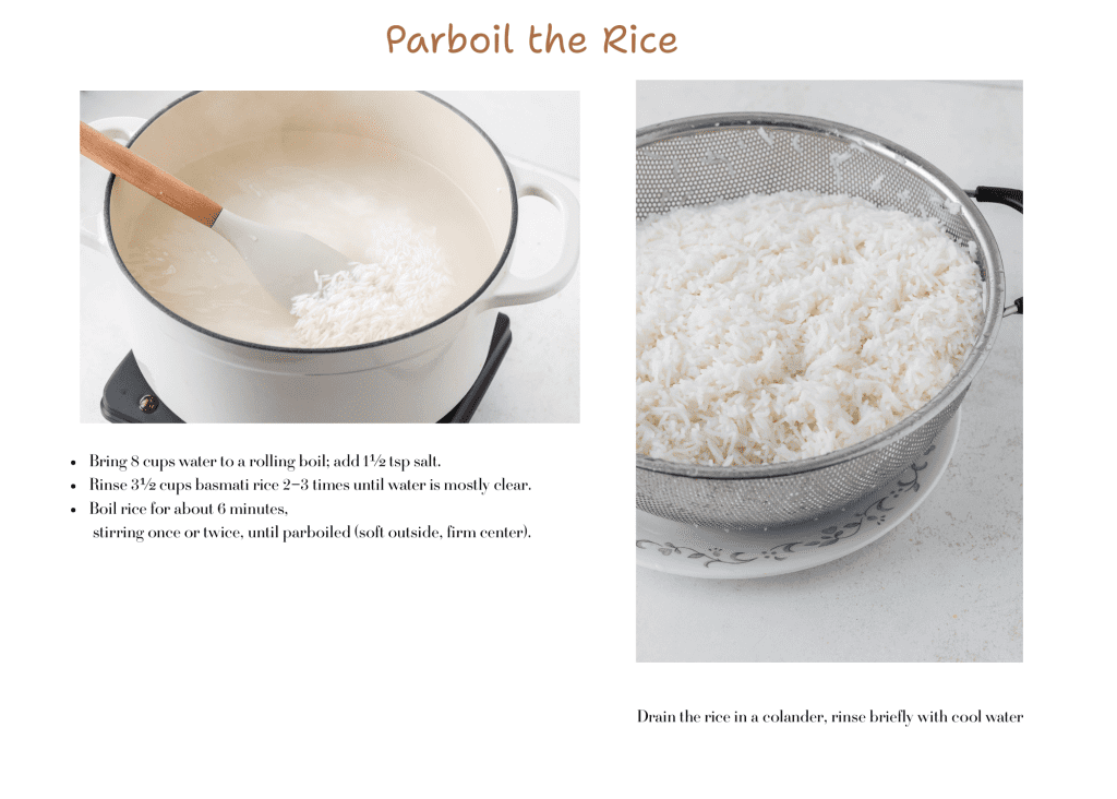 2 pictures showing how to parboil the rice.