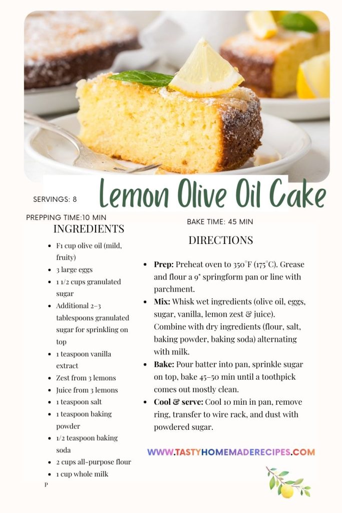 recipe card for lemon olive oil cake