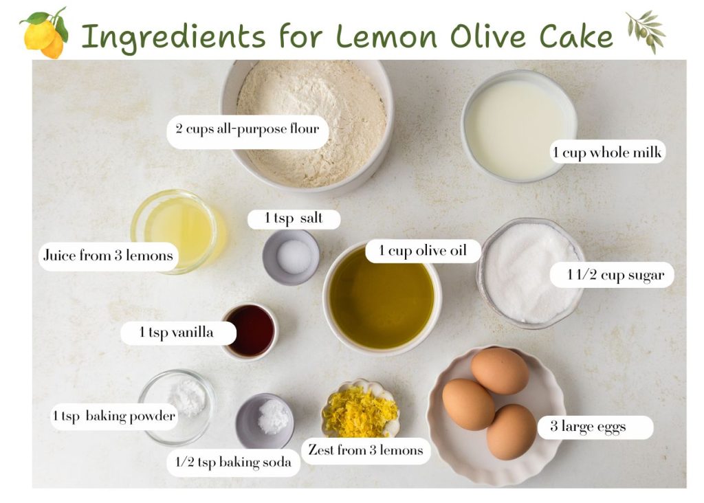 Ingredients for lemon olive oil cake- flour, milk, sugar, olive oil, lemons, eggs, salt, baking podwer, vamilla