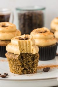 Coffee cupcakes with creamy coffee buttercream frosting and coffee bean topping