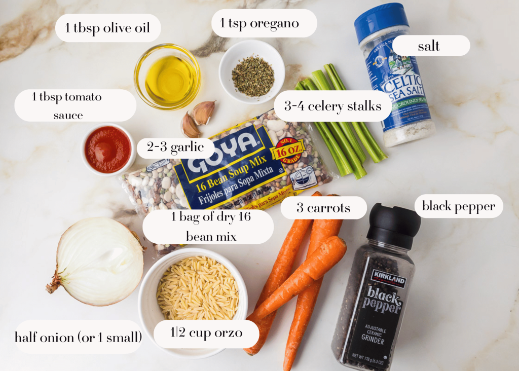 Ingredients for 16 bean soup - bag of beans, carrots, celery, onion, garlic, olive oil, oregano, tomato auce, salt, pepper