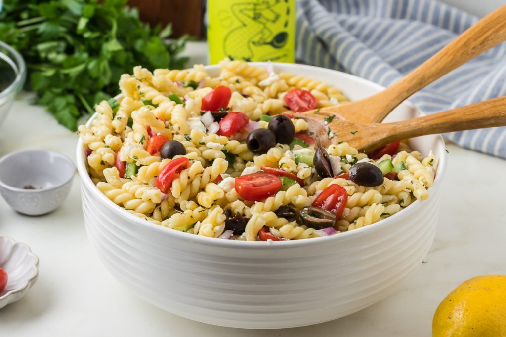 Greek pasta salad in the bowl.