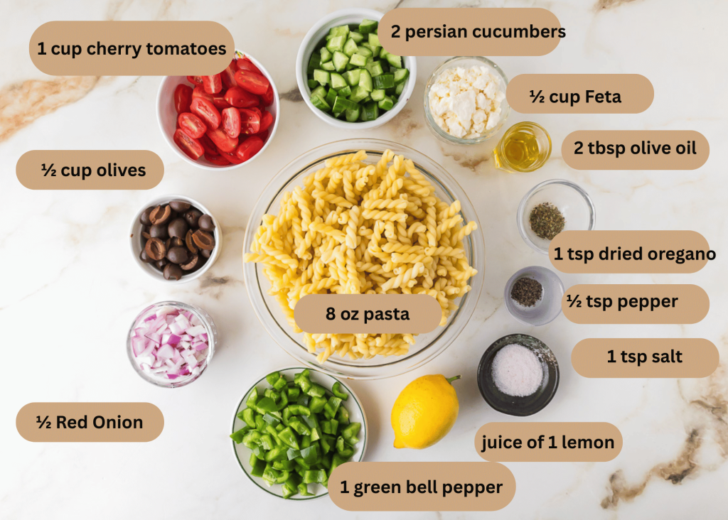 Ingredients for greek pasta - pasta, tomatoes, cucumbers, olives, feta, olive oil, oragano, peper, salt, lemon, green bell pepper, red onion, olive