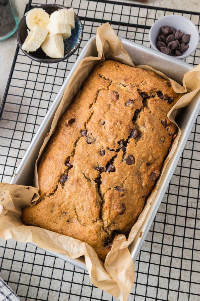 Moist banana bread with freshly milled flour in the baking pan.