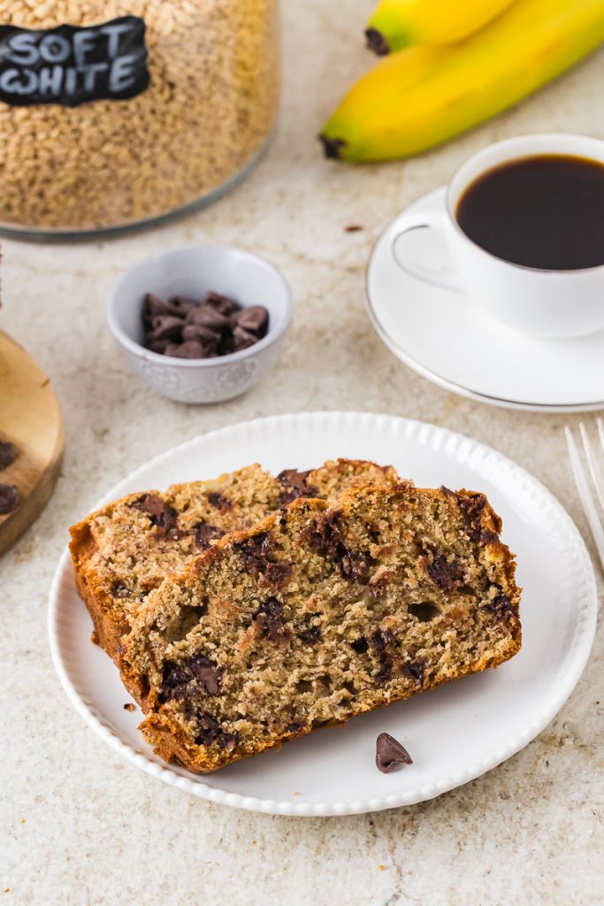 2 pieces of banana bread on the plate.