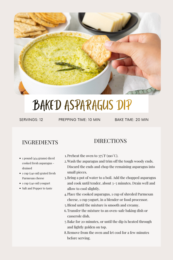 Pin recipe card with all ingredients and direction for baked asparagus dip.