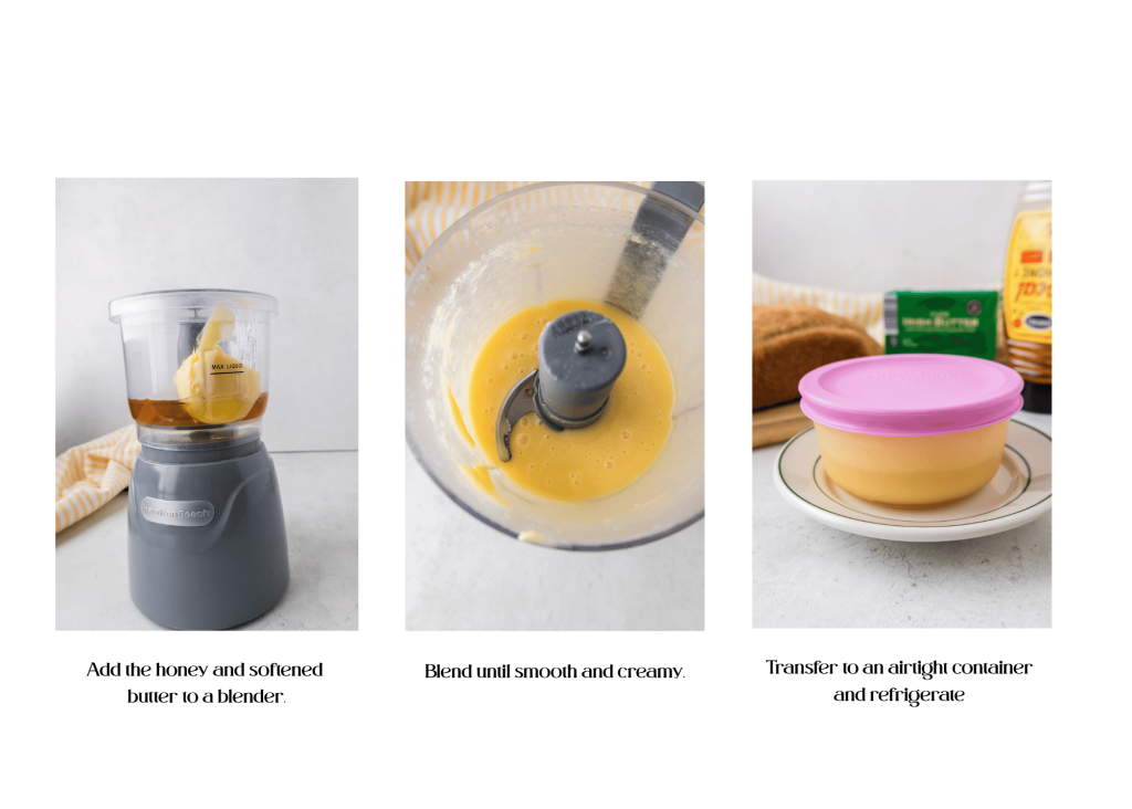 3 pictures with instructions for honey butter recipe