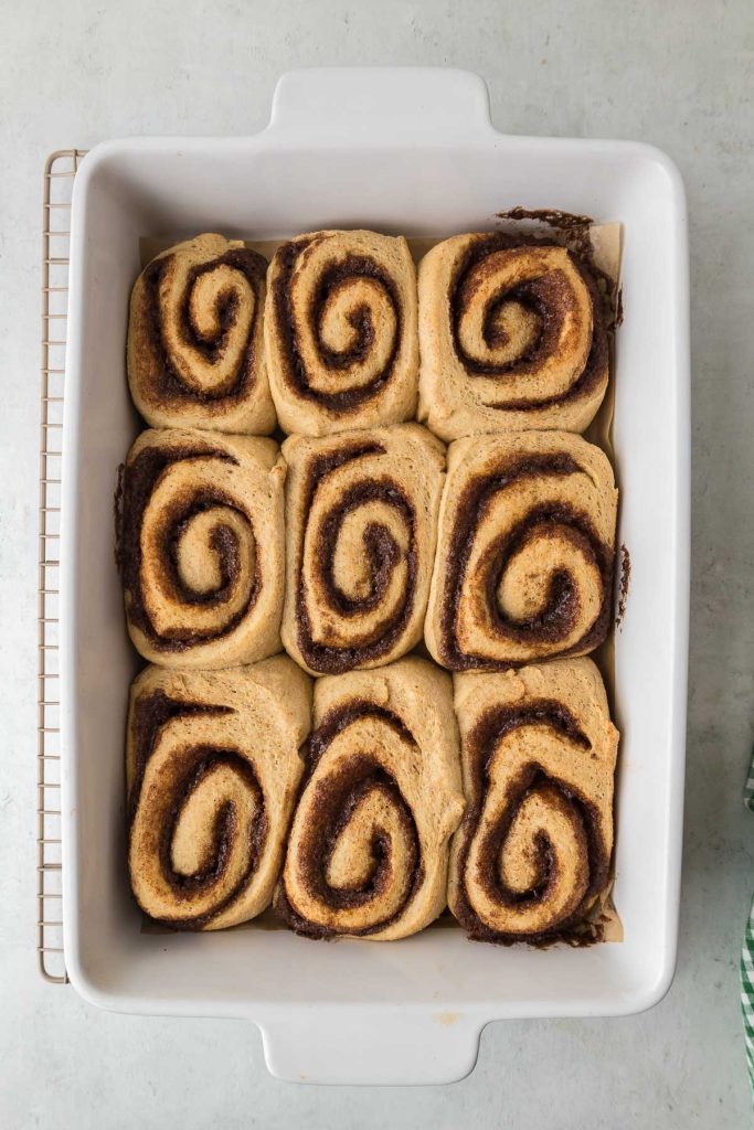Baking pan with freshly baked cinnamon rolls