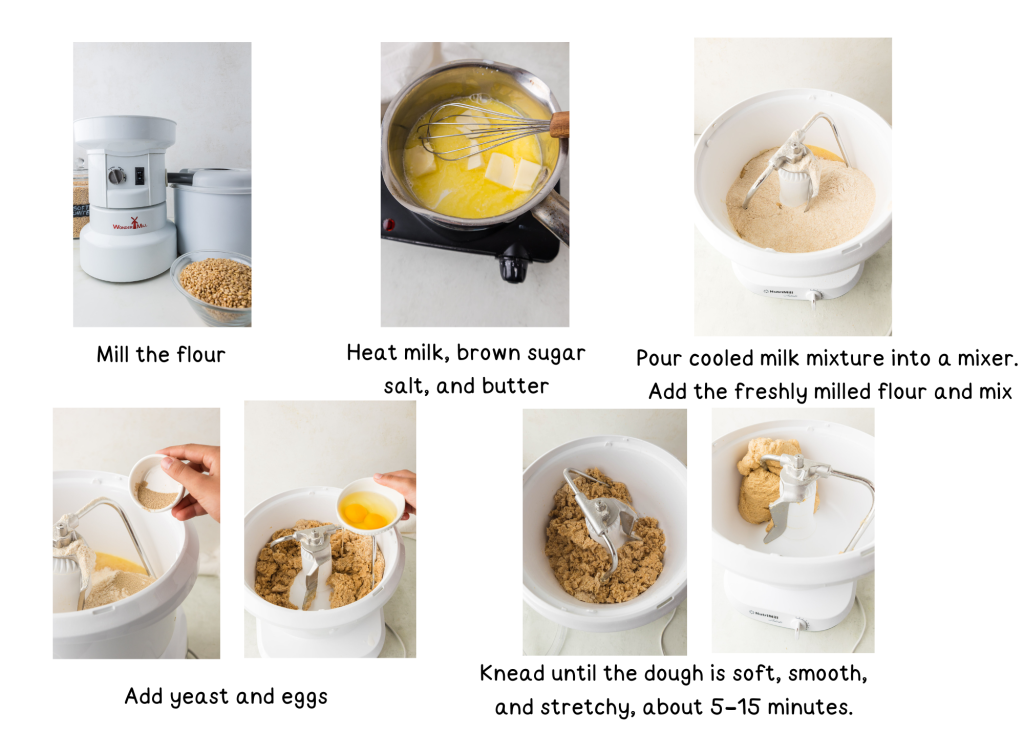 Pictures of how to start cinnamon rolls - moill the rest, add yeast, knead.