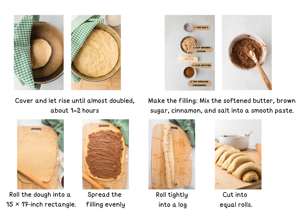 pictures of instructions of cinnamon rolls - let rise untill almost dough doubled, make a filling, roll the dough and spread the filling, roll and cut into rolls.