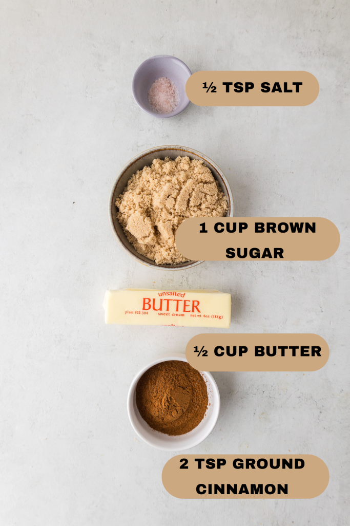 Ingredients for filling for cinnamon roll - brown sugar, salt, butter, cinnamon