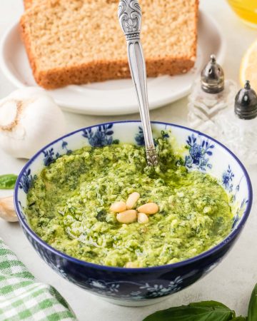 Homemade basil pesto made with fresh basil, pine nuts, Parmesan, and olive oil