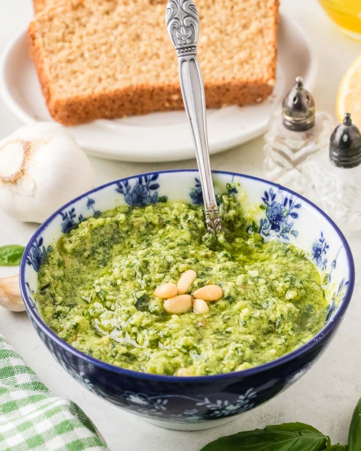 Homemade basil pesto made with fresh basil, pine nuts, Parmesan, and olive oil