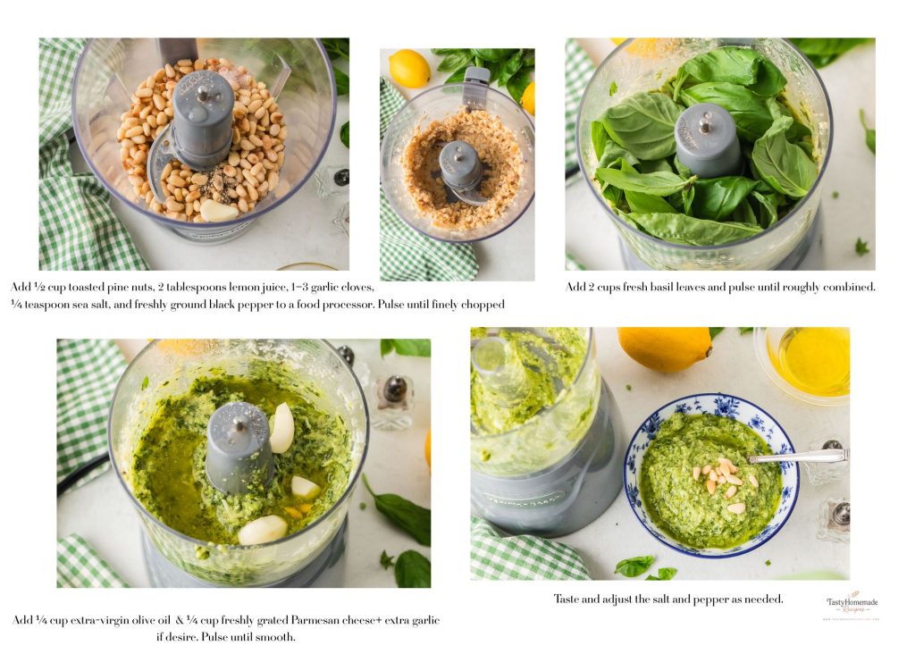 Process photos of making pesto.