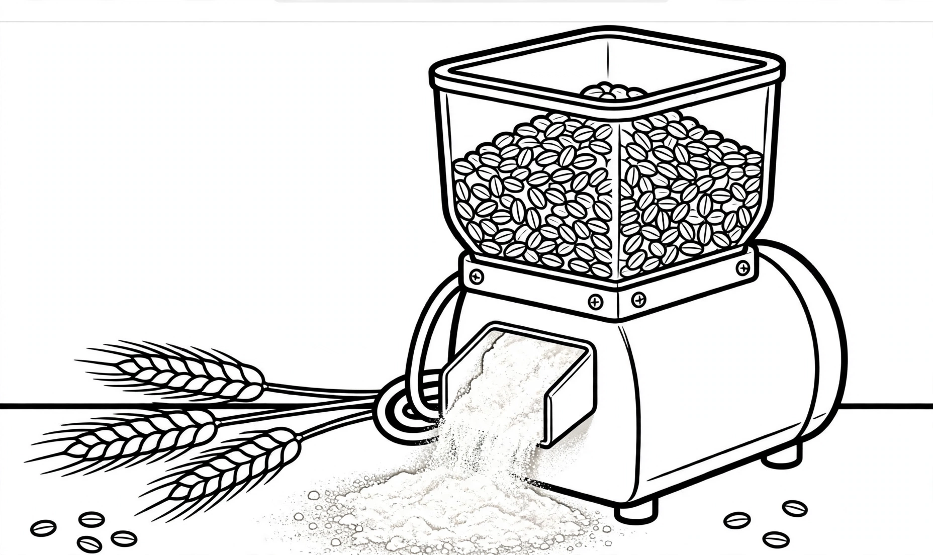 A home grain mill with wheat berries in the hopper and fresh flour coming out