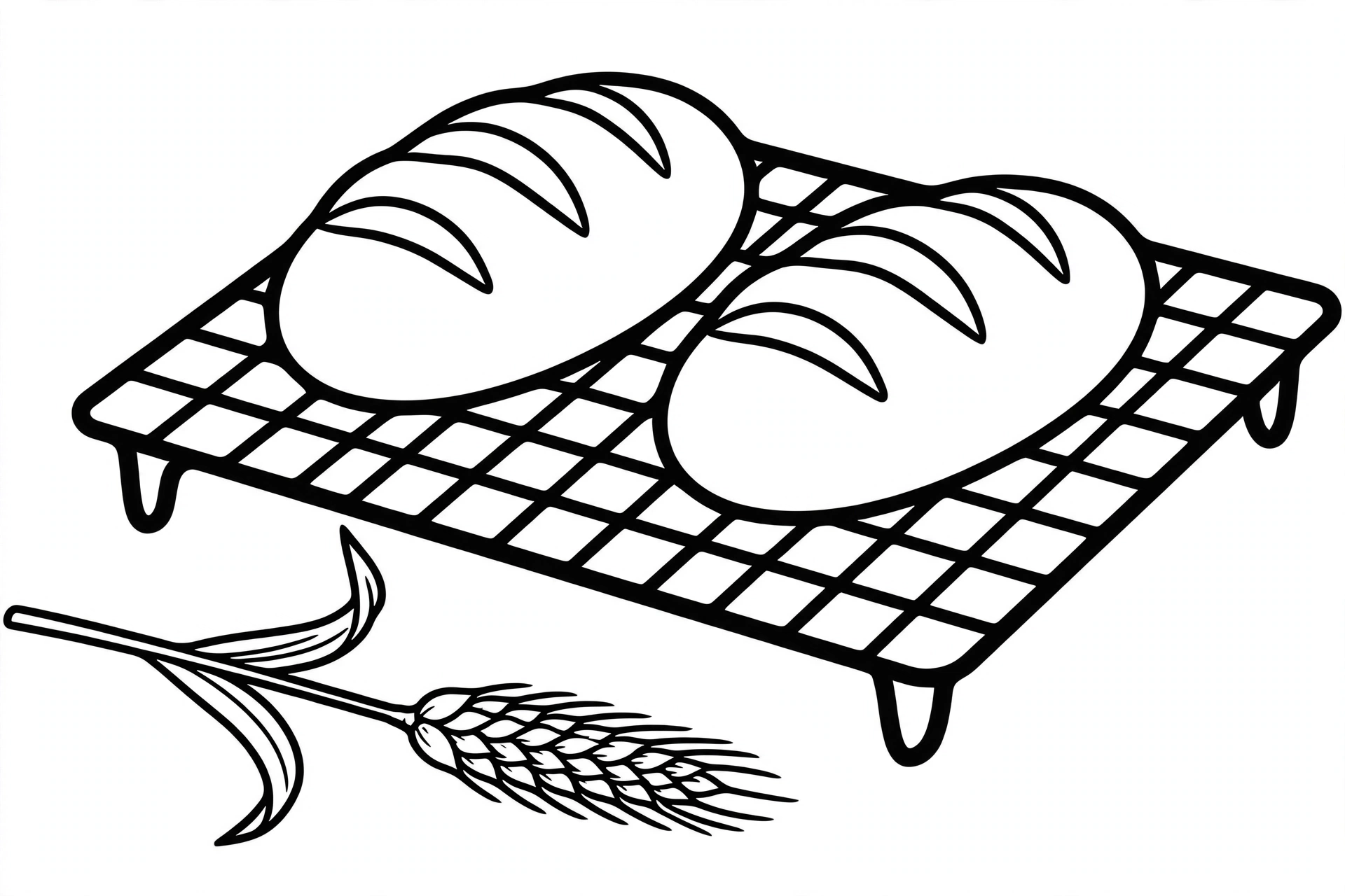Coloring-style drawing of loaves of bread on a cooling rack