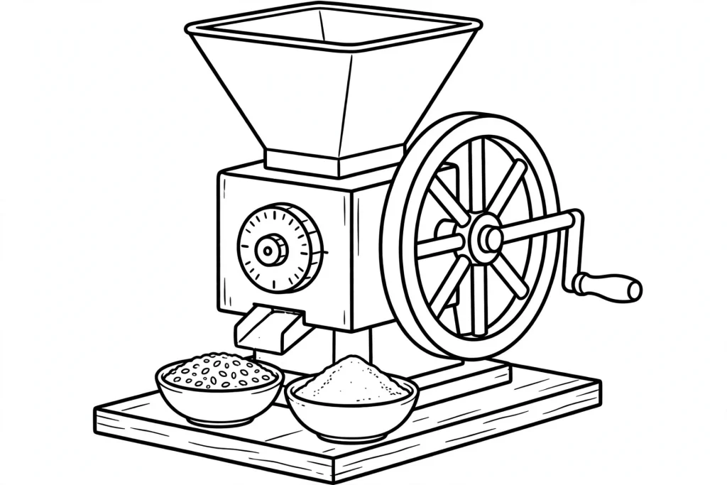 Hand mill with flywheel drawing