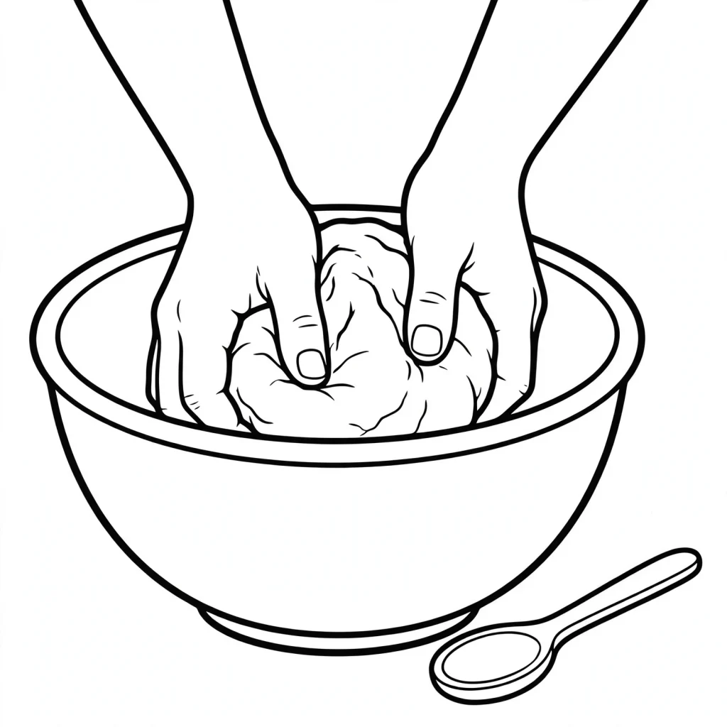 Hands kneading dough in a bowl drawing
