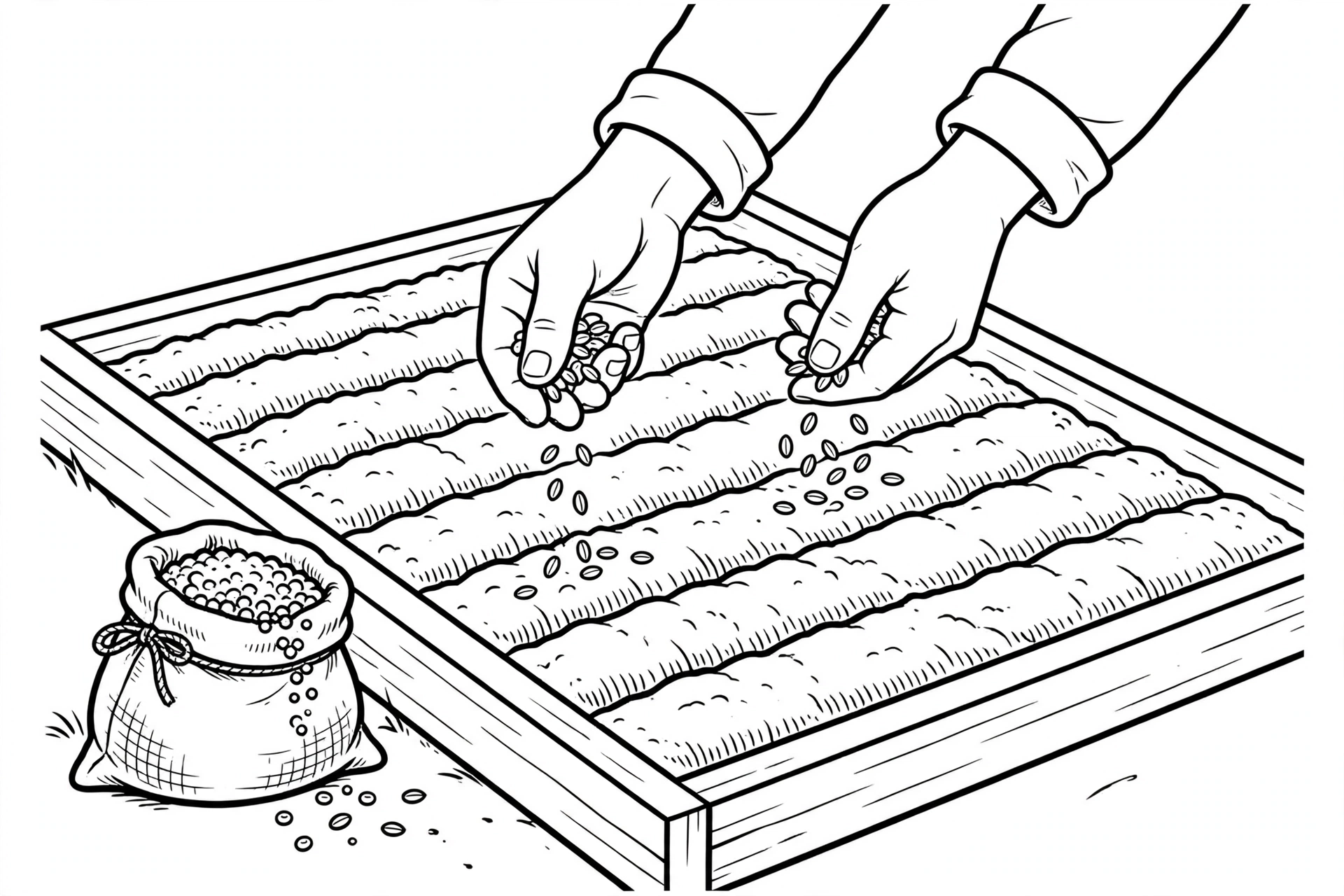 Coloring-style drawing of hands sowing wheat seeds in a furrowed field