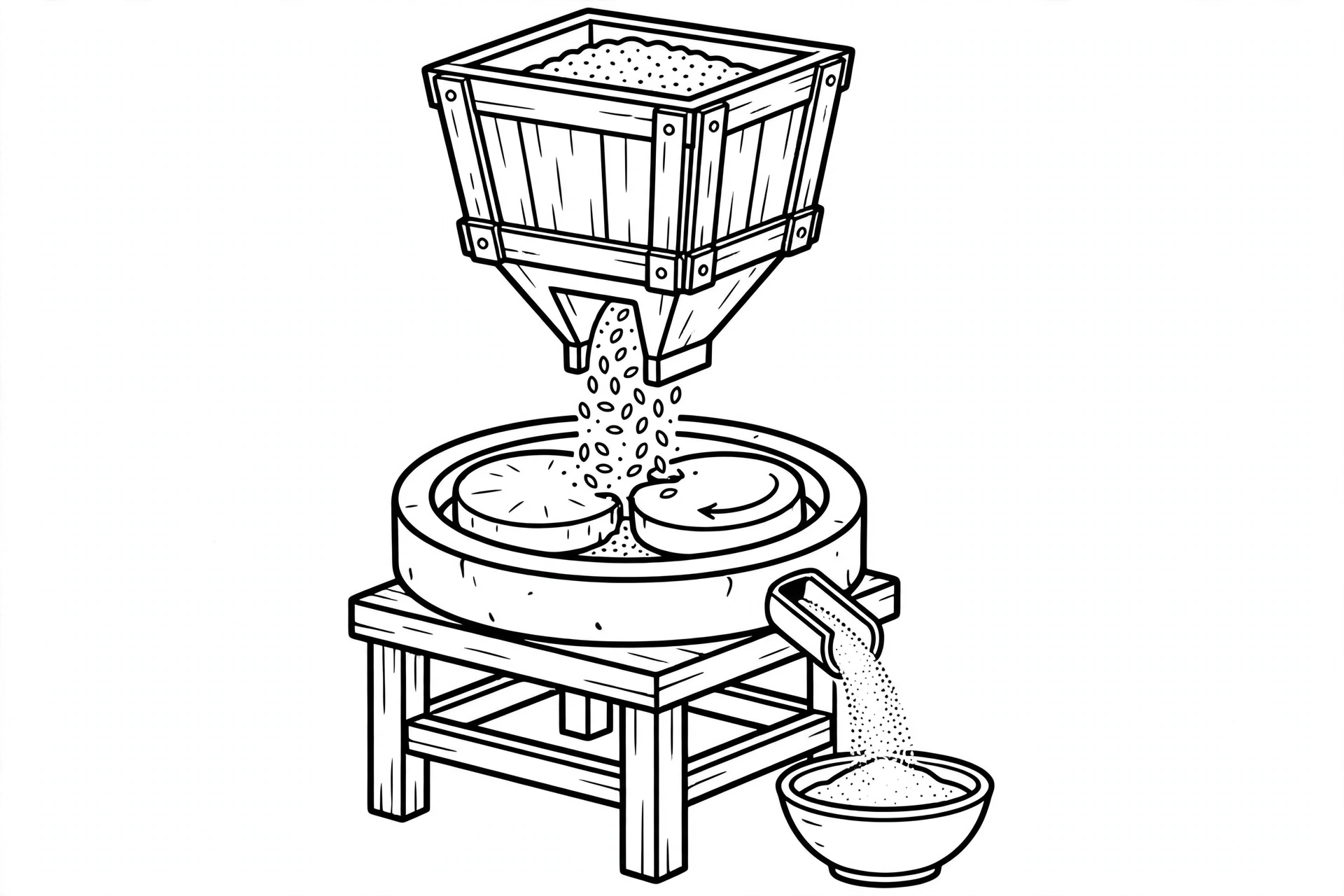 Drawing of a big stone mill separating grain