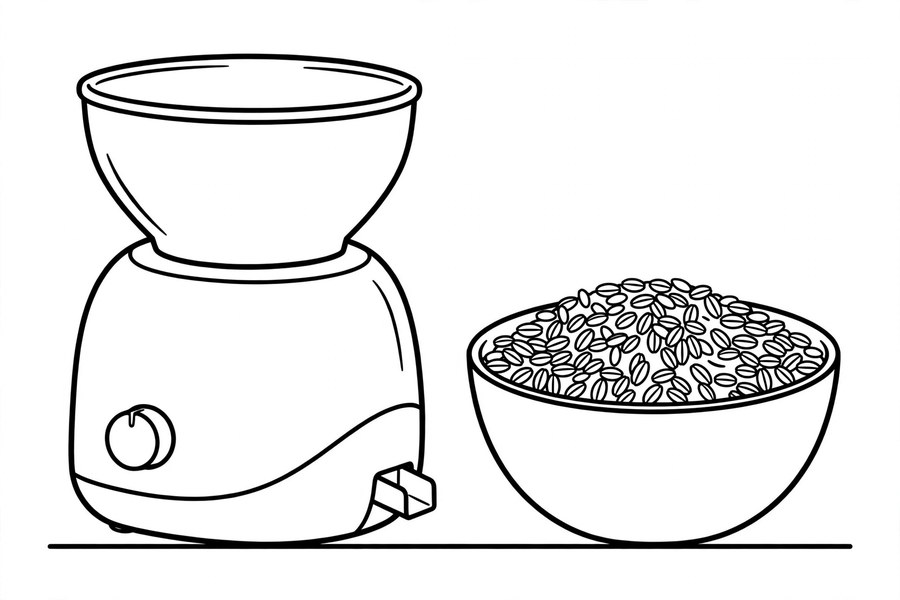 Modern grain mill with a bowl of wheat berries drawing