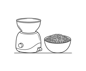 Modern grain mill with a bowl of wheat berries drawing